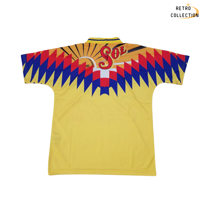 a yellow shirt with a red, blue and yellow design