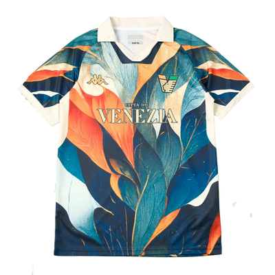 a blue and orange shirt with a picture of a plant on it