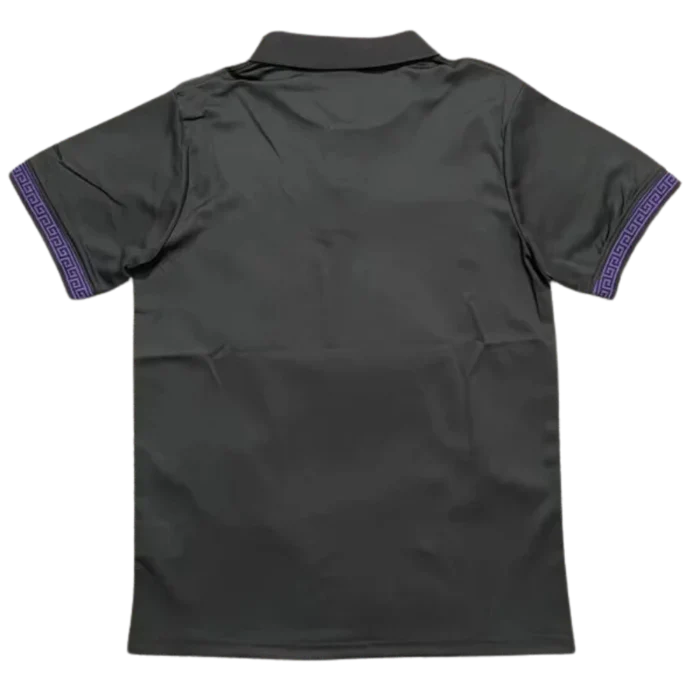 a black polo shirt with purple trims