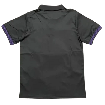 a black polo shirt with purple trims