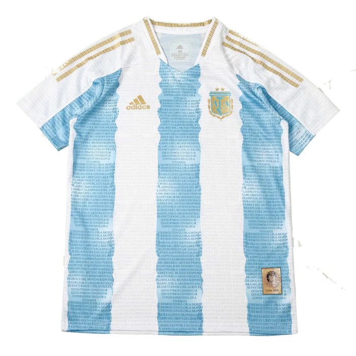 a blue and white soccer jersey