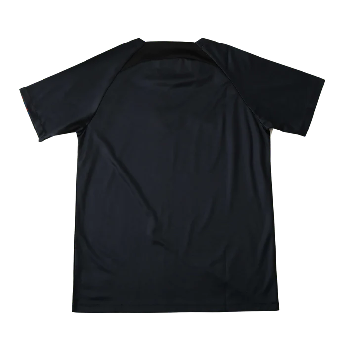 a black t - shirt with a white logo on the chest