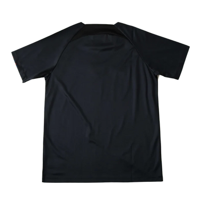 a black t - shirt with a white logo on the chest