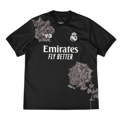 a black shirt with roses on it that says emiratess fly better