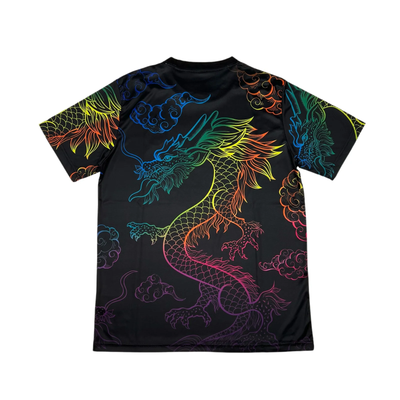 a black t - shirt with a colorful dragon on it