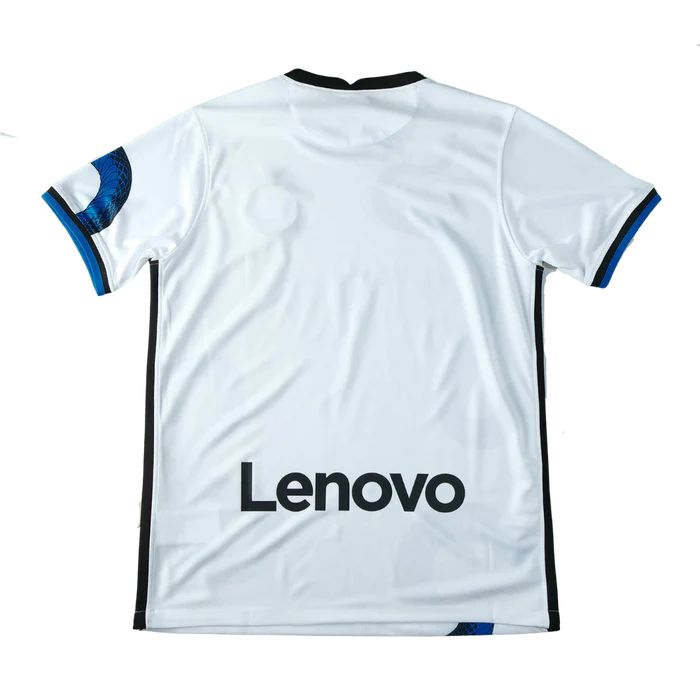 a white soccer jersey with the word lenovo on it