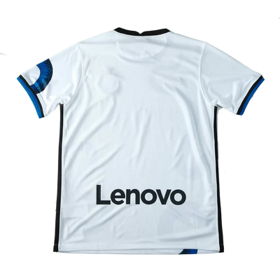 a white soccer jersey with the word lenovo on it