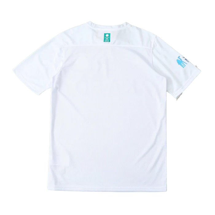 a white t - shirt with a green logo on the chest