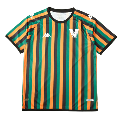 a green, orange and black striped shirt