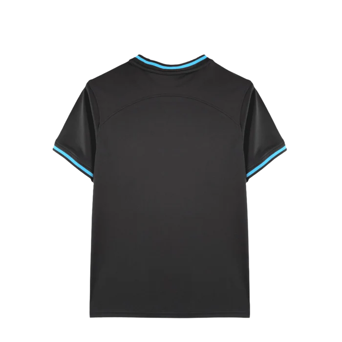 a black t - shirt with blue trims