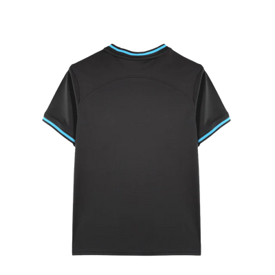 a black t - shirt with blue trims