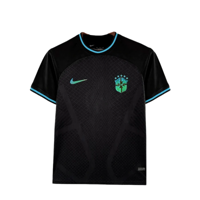 a black shirt with a green and blue logo