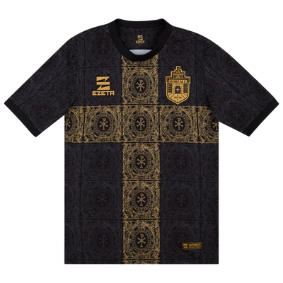 a black and gold shirt with a crest on it