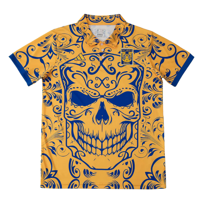 a yellow shirt with a blue skull on it