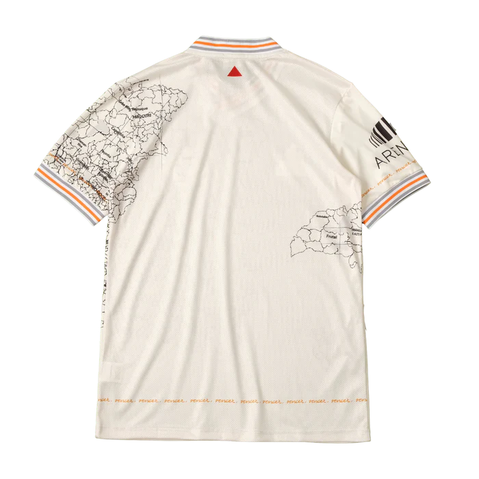 a white polo shirt with a map of the world on it