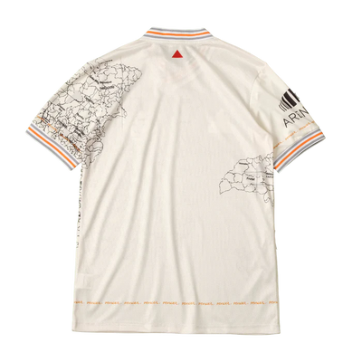 a white polo shirt with a map of the world on it