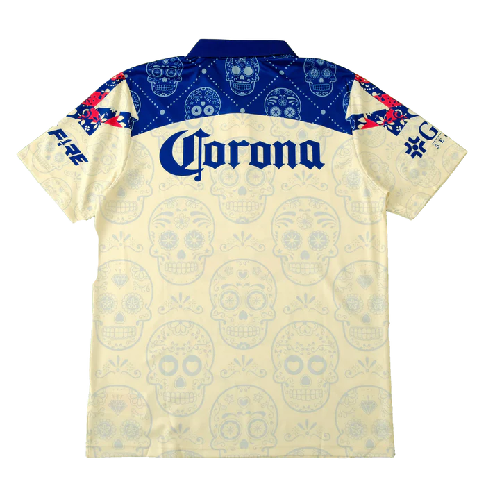 a white shirt with a blue and white skull on it