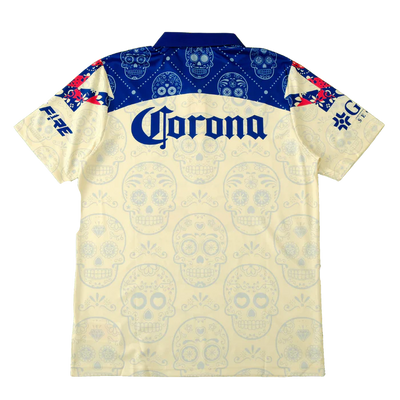 a white shirt with a blue and white skull on it