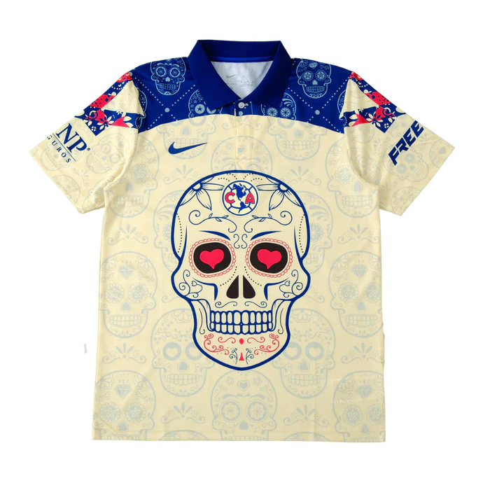 a white shirt with a blue and red skull on it