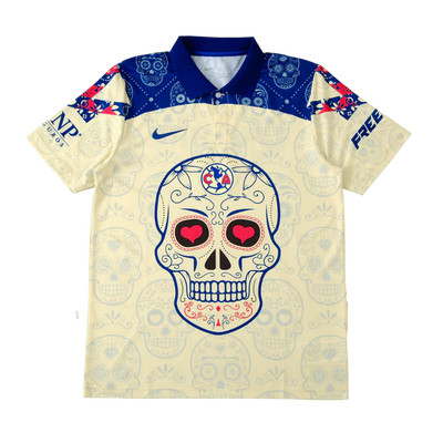 a white shirt with a blue and red skull on it