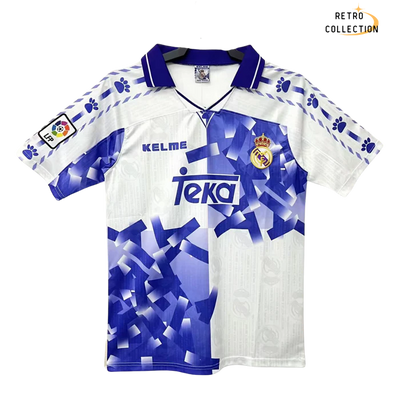 a soccer jersey with a blue and white design