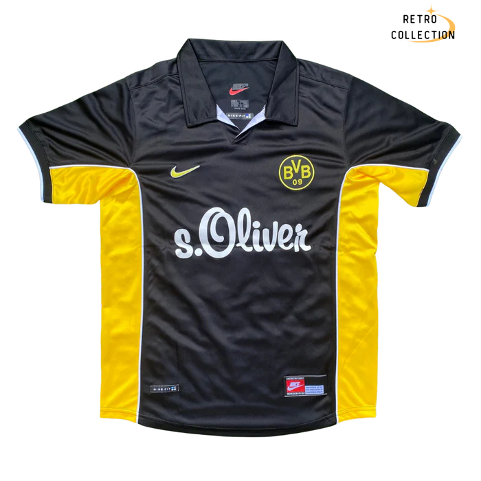 a black and yellow soccer jersey