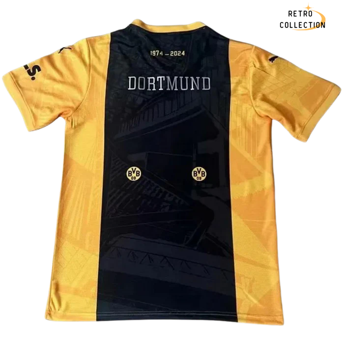 a black and yellow soccer jersey with the word dortwund on it