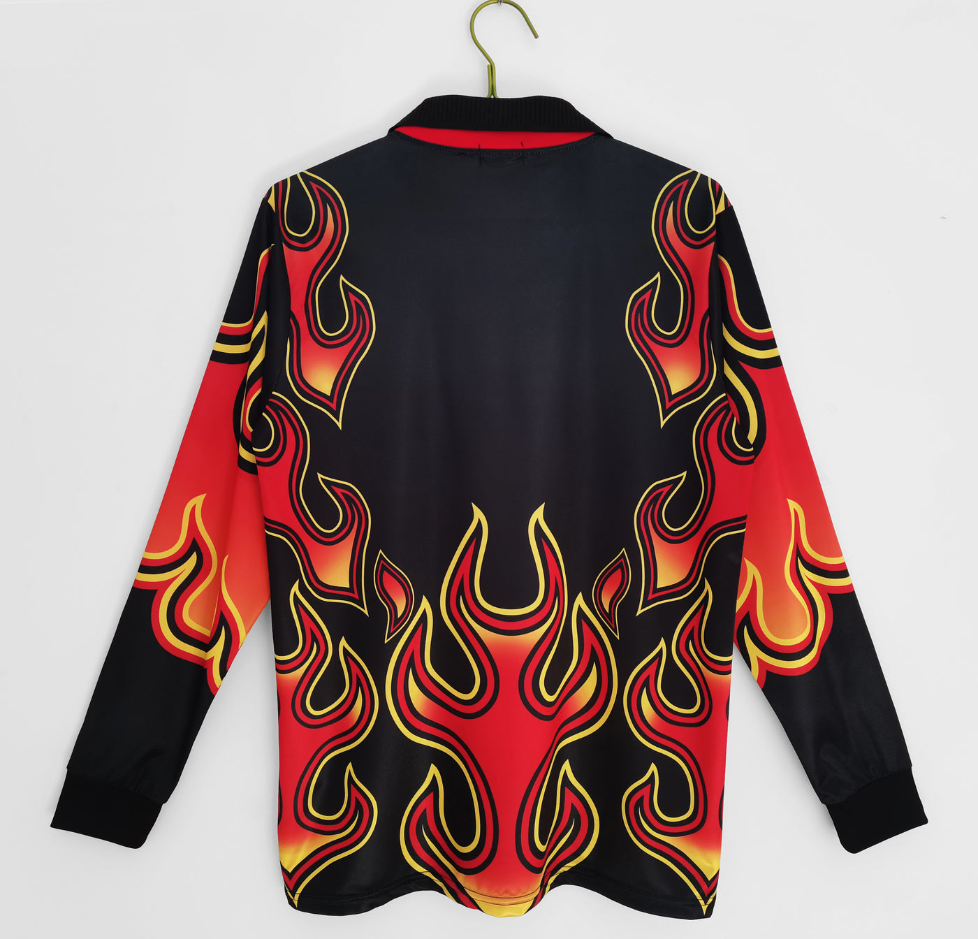 a black and red shirt with flames on it