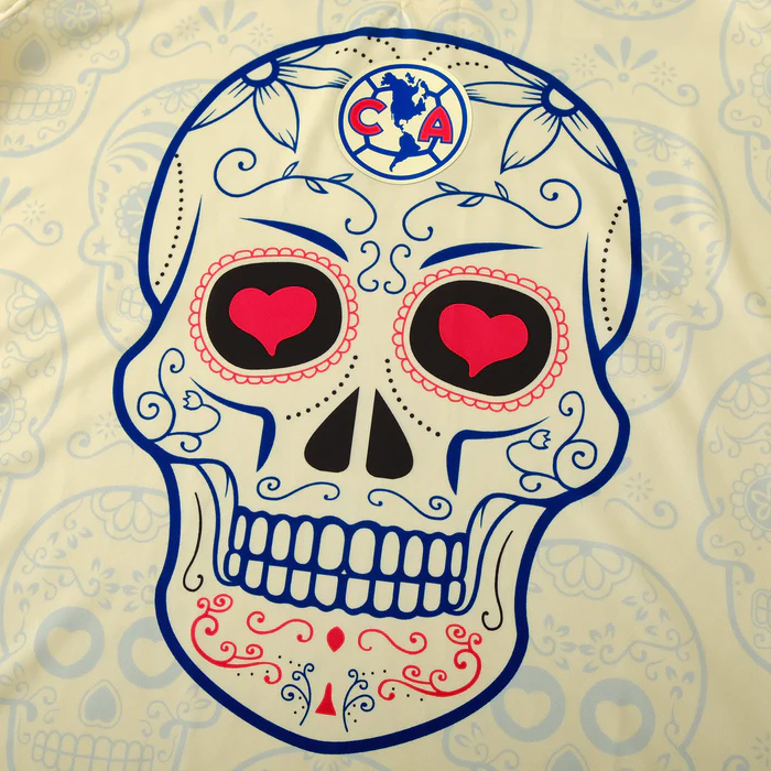 a white shirt with a blue and red sugar skull on it