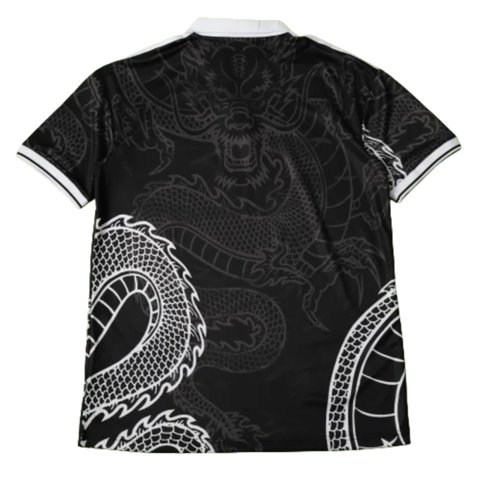 a black and white shirt with a dragon on it