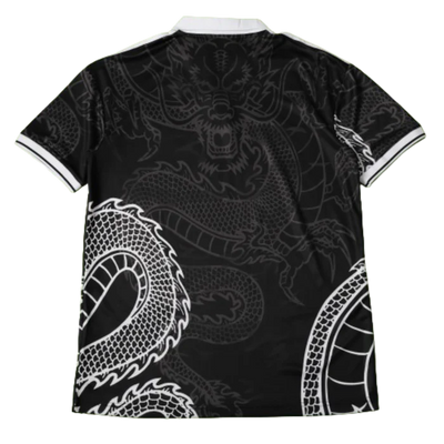 a black and white shirt with a dragon on it