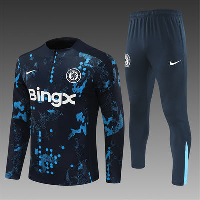 a soccer uniform with a blue and white design on it