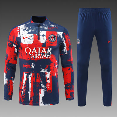 a red, white and blue soccer uniform with the word qatar airways on it